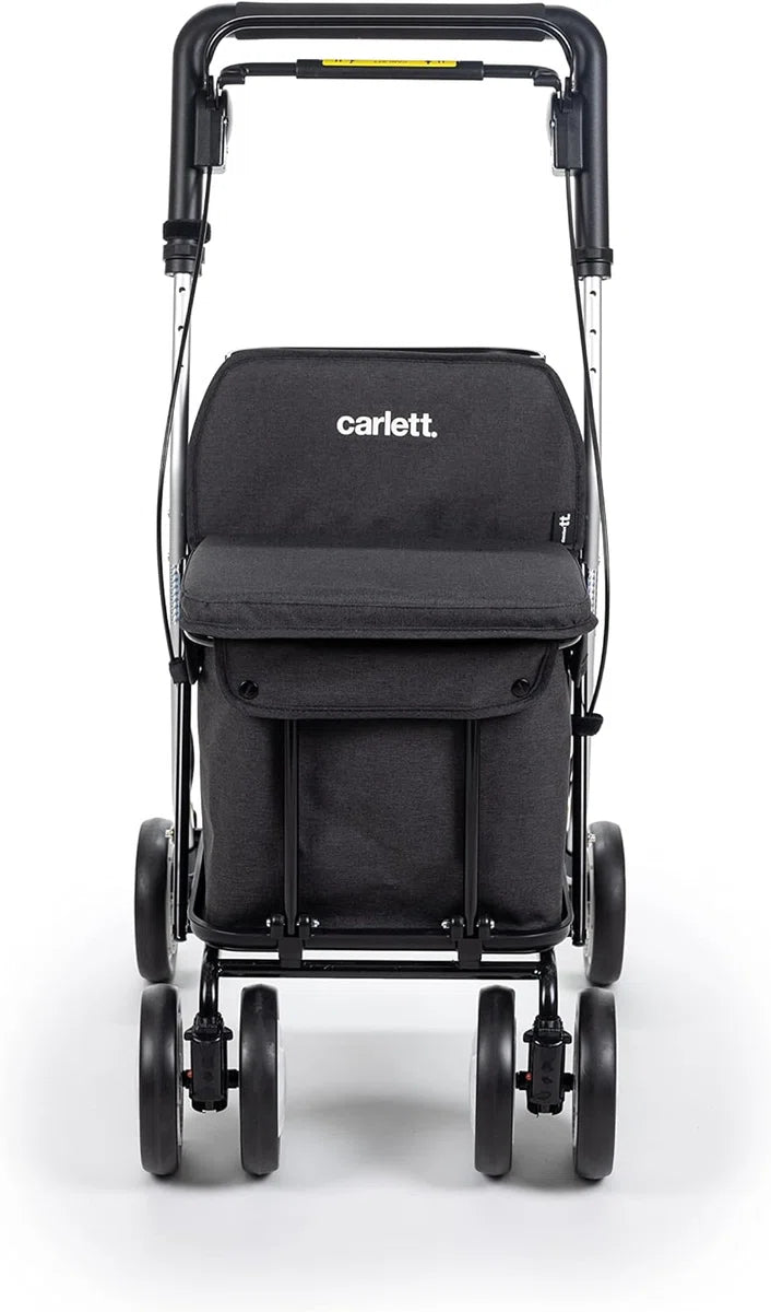 Boodschappentrolley-rollator met zitje, plooibare supermarkttrolley met 4 wielen met afneembare tas 29 l/15 kg en lade voor persoonlijke spullen, Lett800 Senior Comfort, zwart