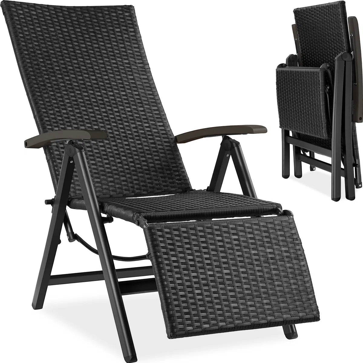 Wicker tuinstoel opklapbaar met aluminium frame en voetsteun - zwart