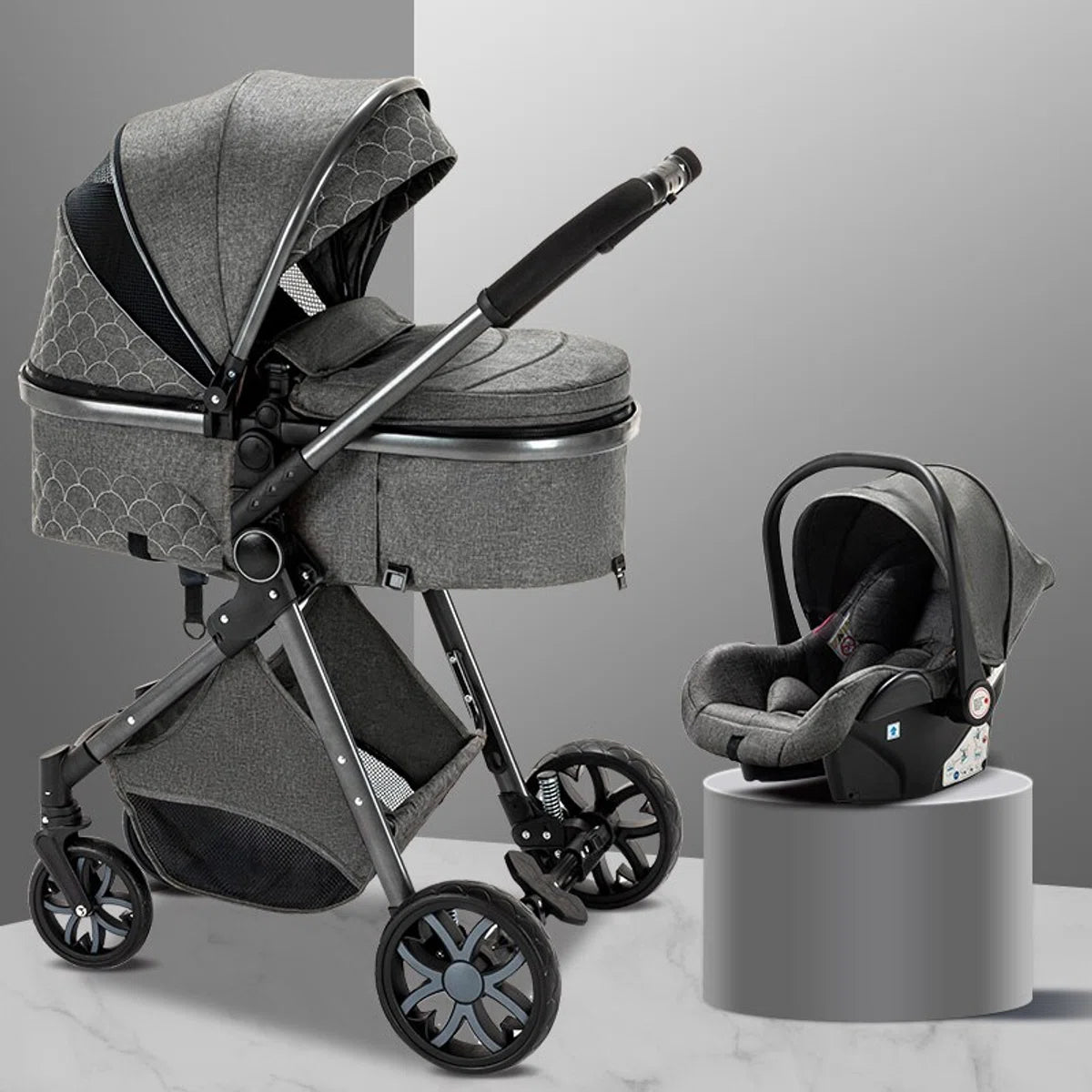 Luxe 3-in-1 Kinderwagen - Wandelwagen - Autostoeltje - Buggy - Inklapbaar - Grijs - 0-36 Maanden