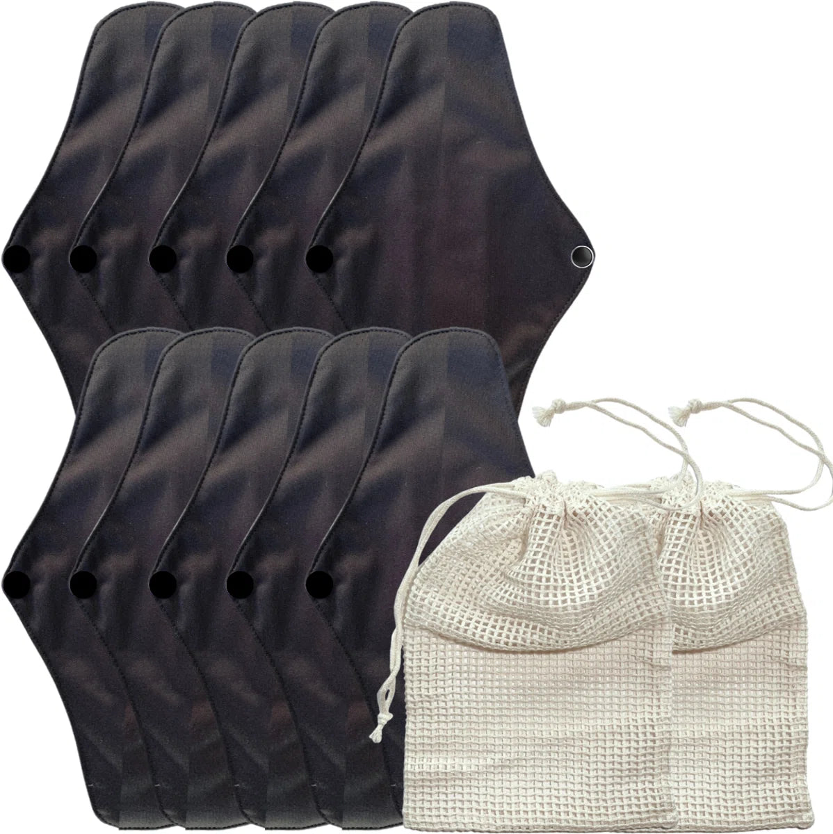 green-goose Bamboevezel Wasbaar Herbruikbaar Maandverband - 10 Stuks - met 2 Waszakjes - Comfortabel met Vleugels en Drukknop - Inlegkruisjes - Zachte Bamboe Stof - Ecologisch - Duurzaam - Super absorberend - Dun - Comfortabel