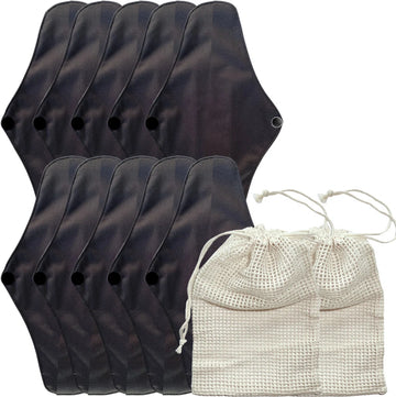 green-goose Bamboevezel Wasbaar Herbruikbaar Maandverband - 10 Stuks - met 2 Waszakjes - Comfortabel met Vleugels en Drukknop - Inlegkruisjes - Zachte Bamboe Stof - Ecologisch - Duurzaam - Super absorberend - Dun - Comfortabel