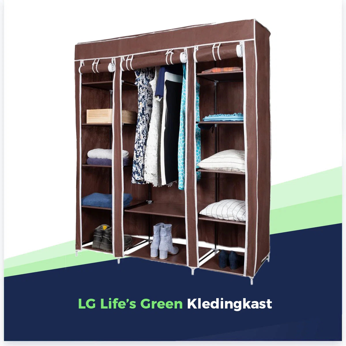 LG Life’s Green Opvouwbare Kleerkast – 143x44x169CM – Kledingrek met 12 Legplanken en Ophangstang – Stoffen Kledingkast – 225KG Draagvermogen – Bruin