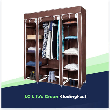 LG Life’s Green Opvouwbare Kleerkast – 143x44x169CM – Kledingrek met 12 Legplanken en Ophangstang – Stoffen Kledingkast – 225KG Draagvermogen – Bruin