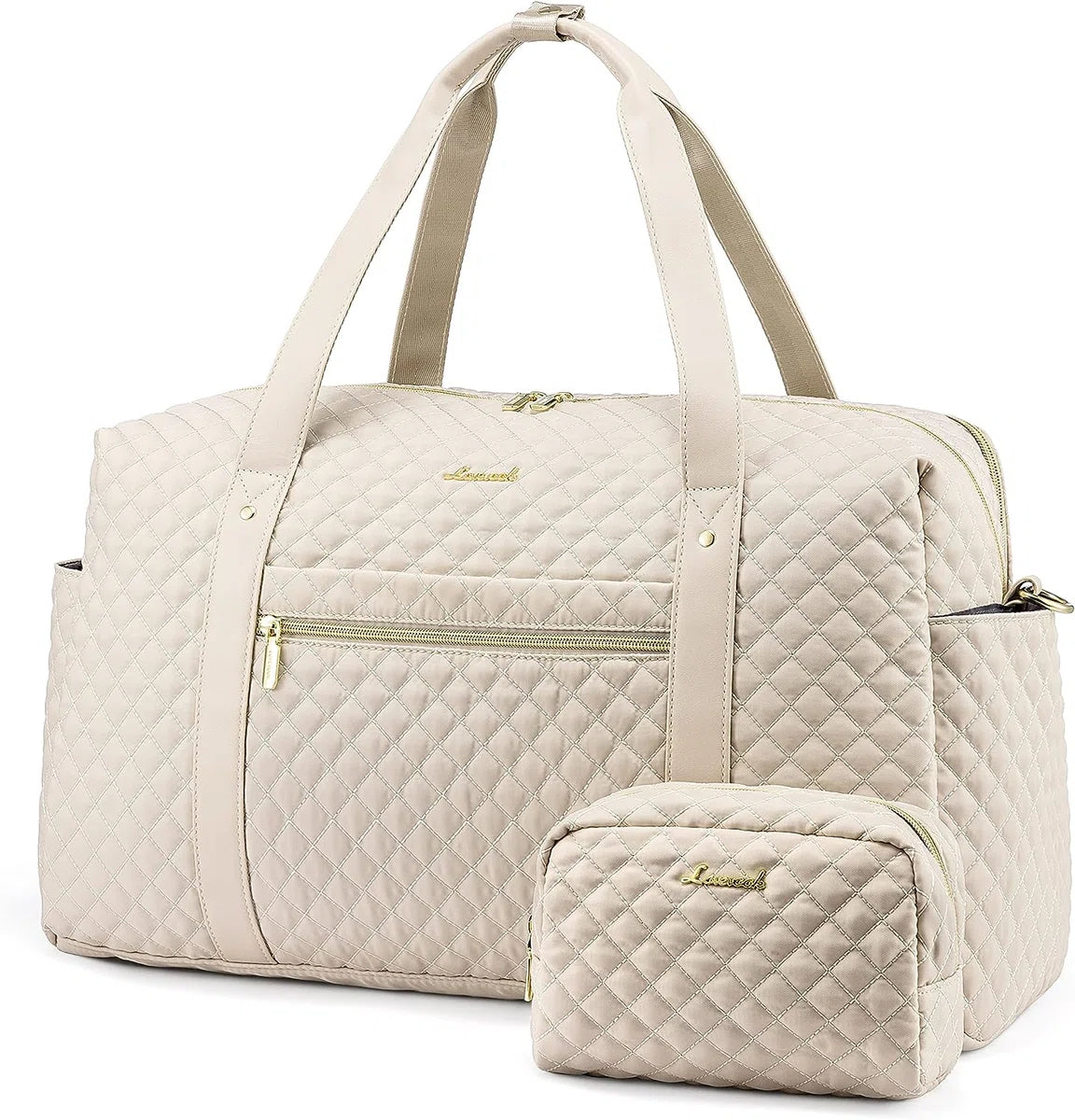 Grote weekendtas voor dames beige - Sporttas met 15.6 inch laptop vak - Reistas, handtas, fitnesstas - Gouden details
