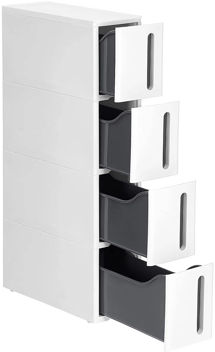 Nisplank Leopold - met Wielen - Smalle Trolley - met 4 Laden - Verrijdbaar - Uittrekbaar - Badkamerplank - Keuken - Kast - met Wielen - PP Kunststof - Ruimtebesparend - 45x17x84cm - Wit/Grijs