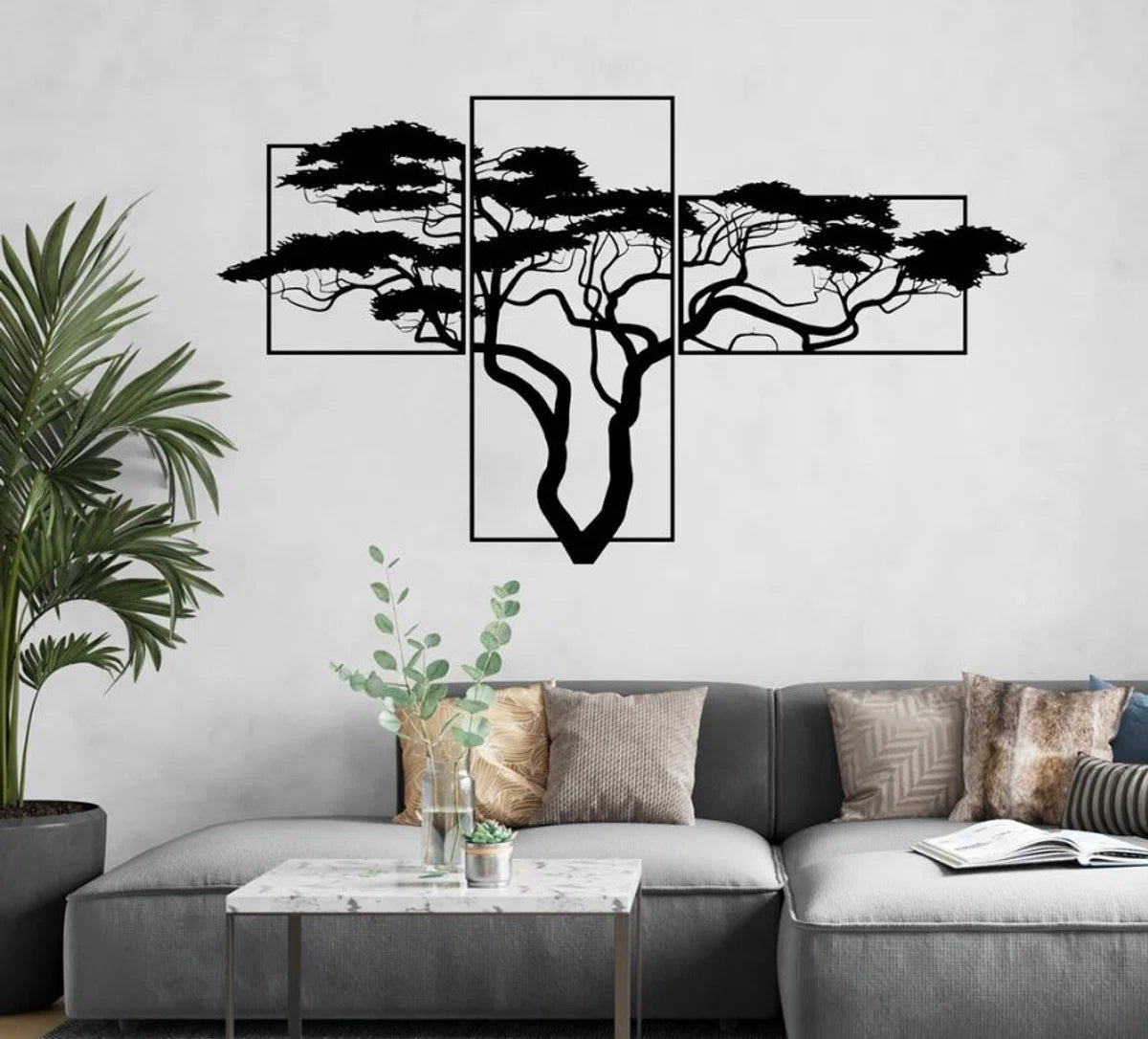 3 stuks XL Acacia Levensboom modern deco muurdecoratie - Wanddecoratie - Zwart - Houten art - Muurdecoratie - Line art - Wall art - Bohemian - Wandborden - Woonkamer