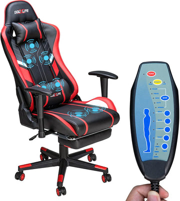 PU Massagestoel met voetenbankje - Ergonomische Gamestoel - 175° - Bureaustoel - Rood&Zwart