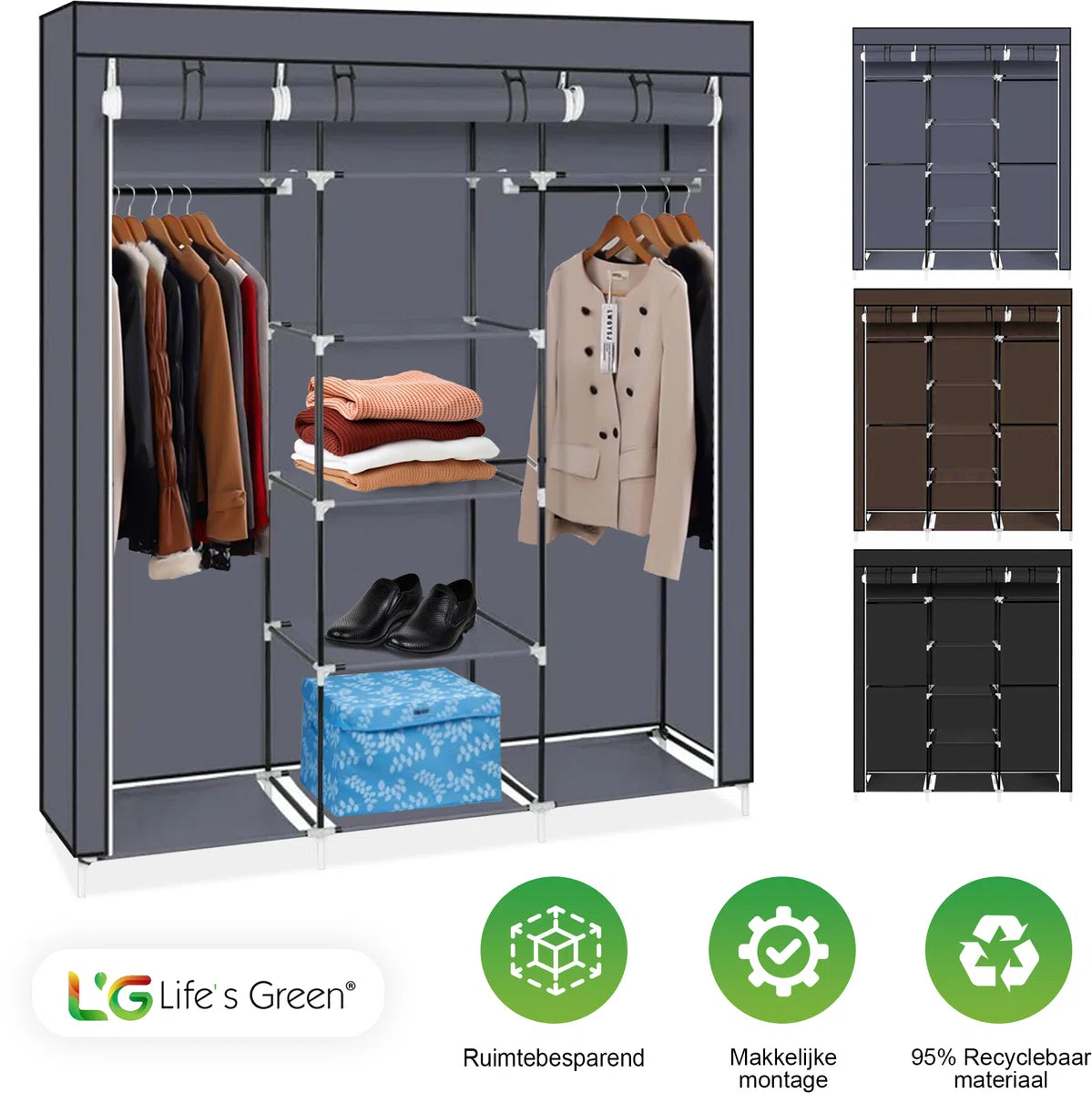 Life's Green® XXL Opvouwbare Kledingkast - Campingkast - Opvouwbare - Opbergkast - Stoffen - Grijs