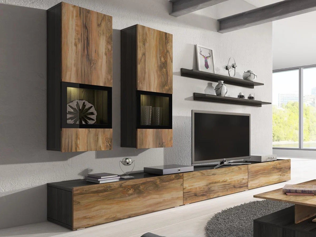 Tv-Meubel Babel, Walnoot/Notelaar/Grijs - Tv-kast van 270cm en 5 deuren, zonder LED