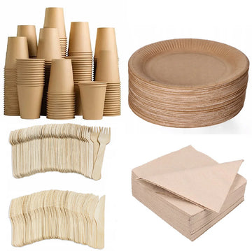 500 stuks x Houten wegwerp bestek set eco/milieubewust - 100 kartonnen borden 23cm + 100 kartonnen bekers 240ml+ 100 Vorken 16cm+100 messen 16cm+ 100 bio servetten 33x33cm