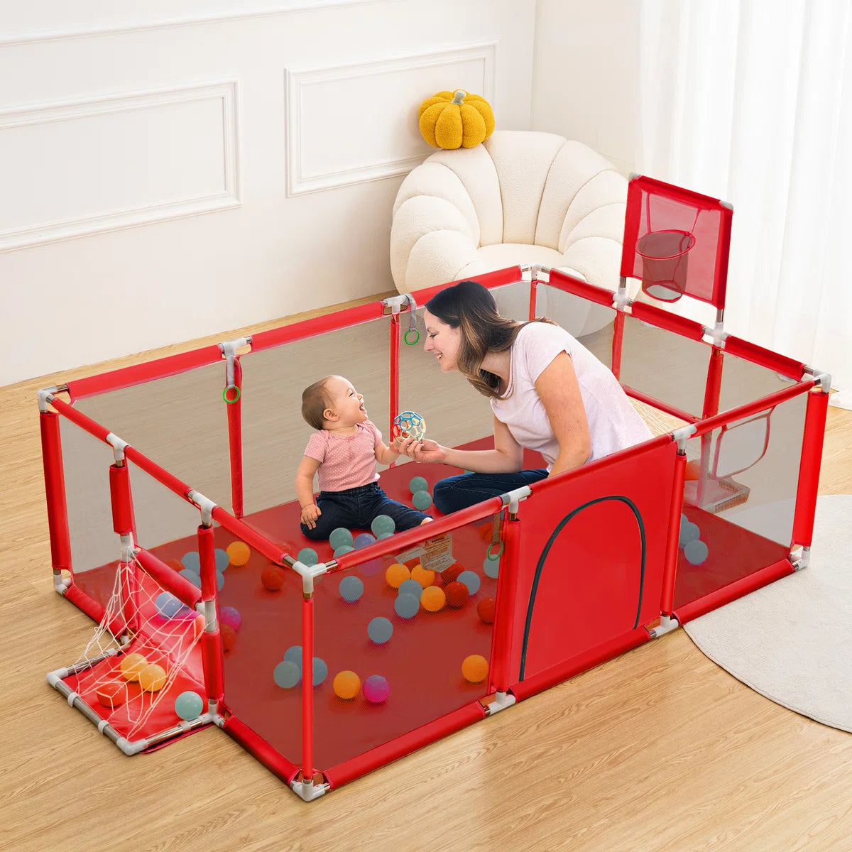 Grondbox - Baby Speelbox - 181x122cm Rechthoekig Groot Formaat Met Basketbalkorf - Rood