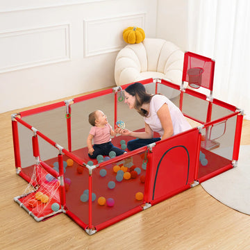 Grondbox - Baby Speelbox - 181x122cm Rechthoekig Groot Formaat Met Basketbalkorf - Rood