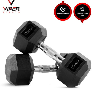 Viper Sports Iron Black Gewichten 2 x 10 kg – Dumbbells – Dumbells set – Anti-slip – Zeshoek design – Hexagon-Design - RVS/Rubber – Zilver/Zwart