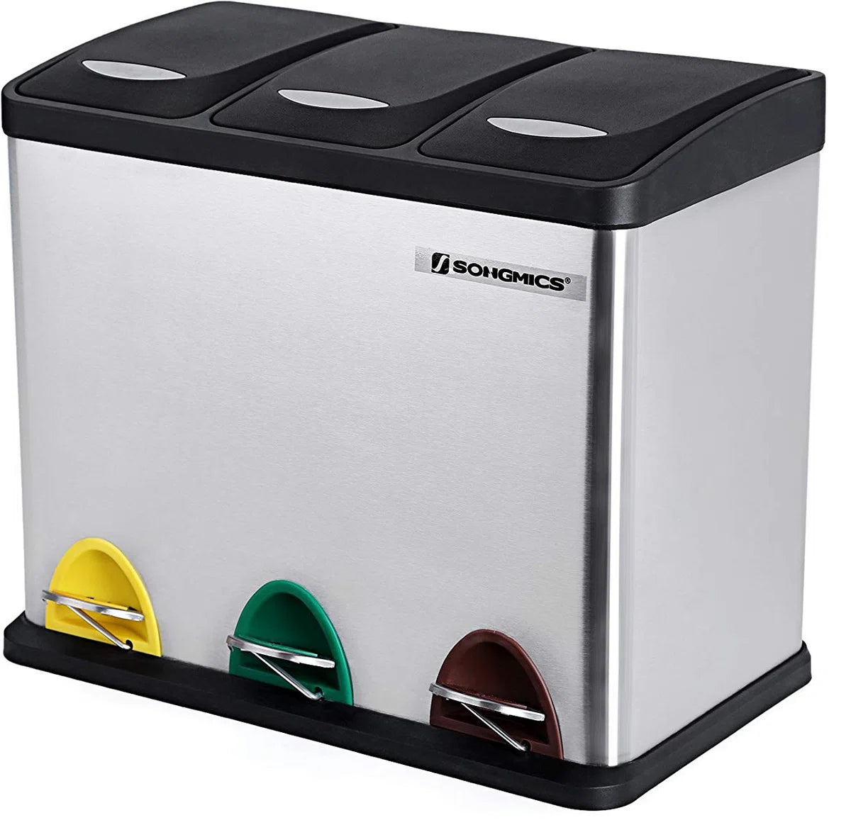 Songmics Prullenbak 24L - Afvalscheiden Prullenbak - Pedaalemmer Roestvrij Staal - 3 x 8 Liter Afvalbak