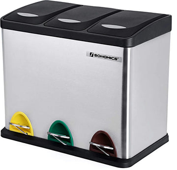 Songmics Prullenbak 24L - Afvalscheiden Prullenbak - Pedaalemmer Roestvrij Staal - 3 x 8 Liter Afvalbak