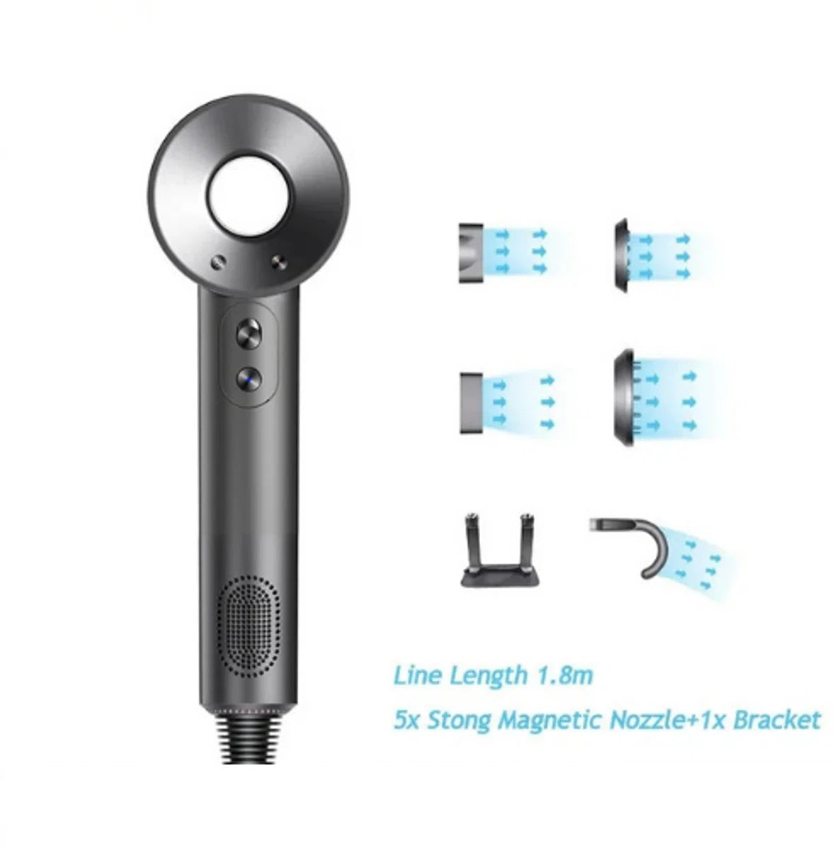 Föhn met Diffuser - Ionische Haardroger - Hair Dryer - Professionele Haar Droger - Rijk uitgerust - Inclusief 6 accessoires - 3 Standen - Zilver