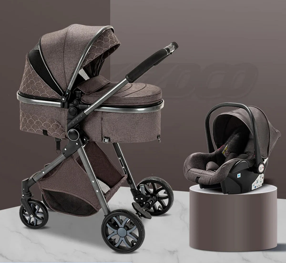 N.lux - Luxe kinderwagen set 3 in 1 - Wandelwagen - Inclusief autostoel - Buggy - Bruin