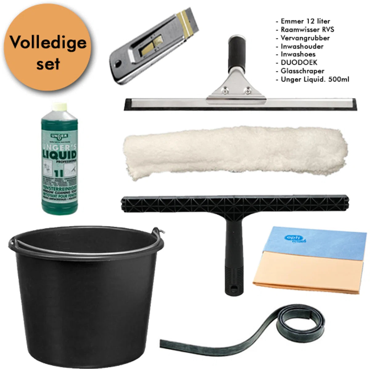 Professionele Glasreinigingsset. Unger Liquid, Raamwisser, Inwasser, Emmer, Glasschraper.