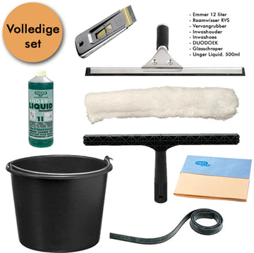 Professionele Glasreinigingsset. Unger Liquid, Raamwisser, Inwasser, Emmer, Glasschraper.