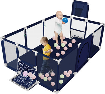 Grondbox - Baby Speelbox - 181x122cm Rechthoekig Groot Formaat Met Basketbalkorf - Blauw