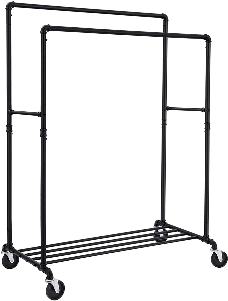 Kledingrek metaal voor zware lasten, tot 110 kg belastbaar, industrieel design, mobiele kapstok met 2 kledingstangen, voor productpresentatie, zwart-HSR60B
