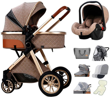 Luxe Multifunctionele 3-in-1 Combi Kinderwagen – Kwalitatieve Buggy – Opklapbare Wandelwagen – Khaki – Incl. Autostoel