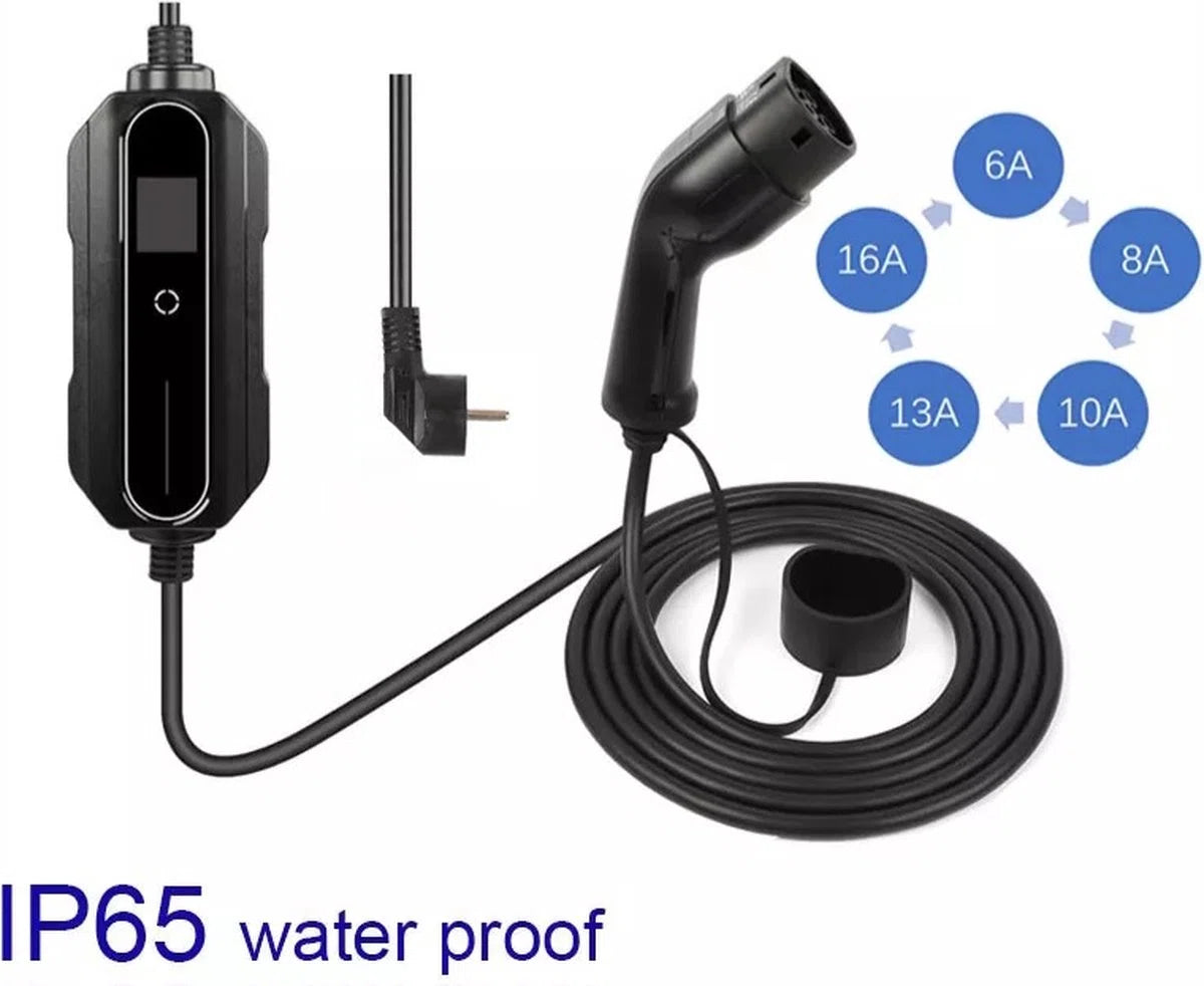 Mobiele Thuislader Elektrische Auto 3.7kW | IP65 Waterdicht | 16A 1 Fase | 10 Meter | Thuis Lader Type 2 vanaf stopcontact EU - 8A/10A/13A/16A Schakelbaar |