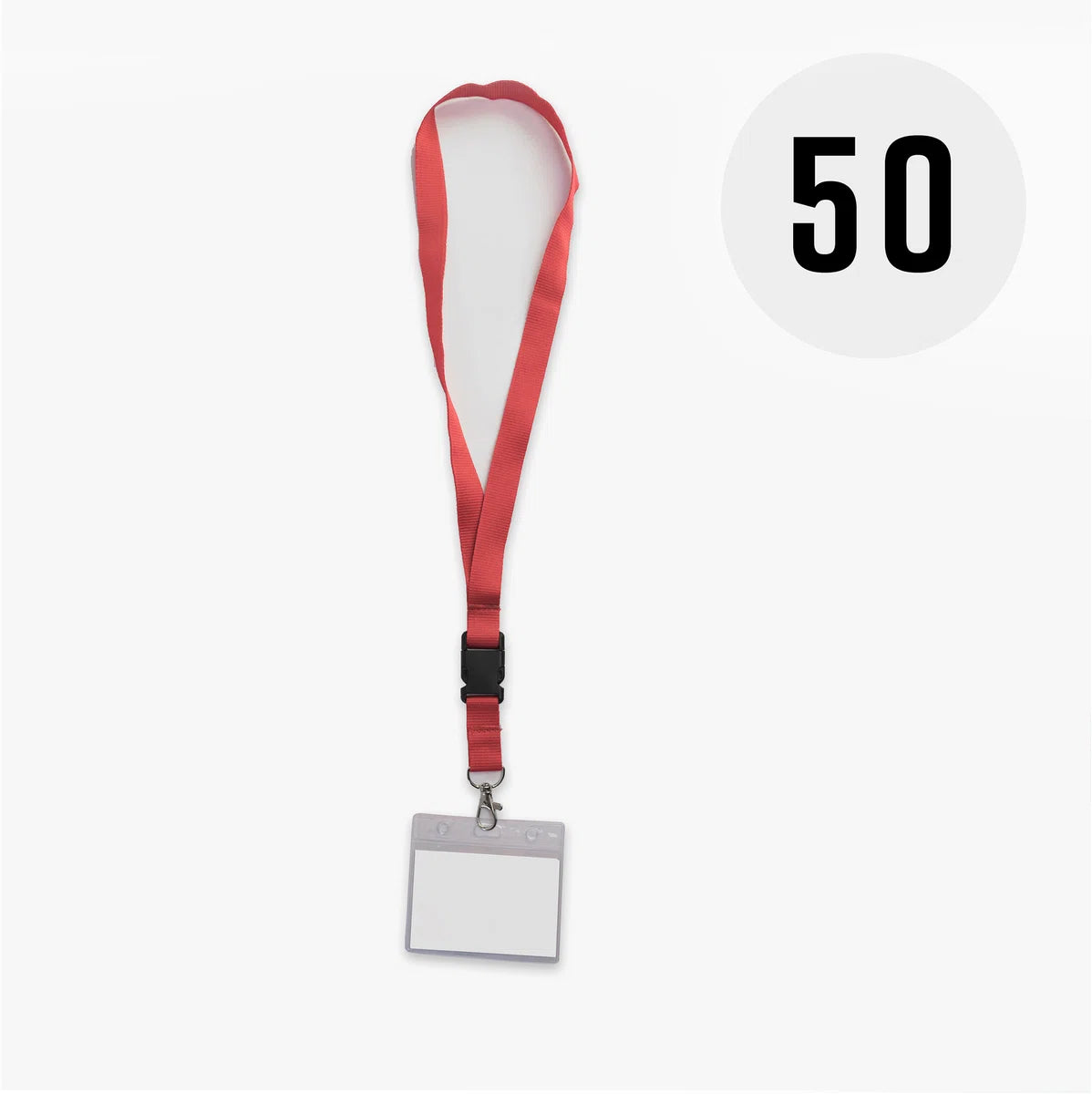 Rood keycord met badge-/pashouder, per 50 stuks