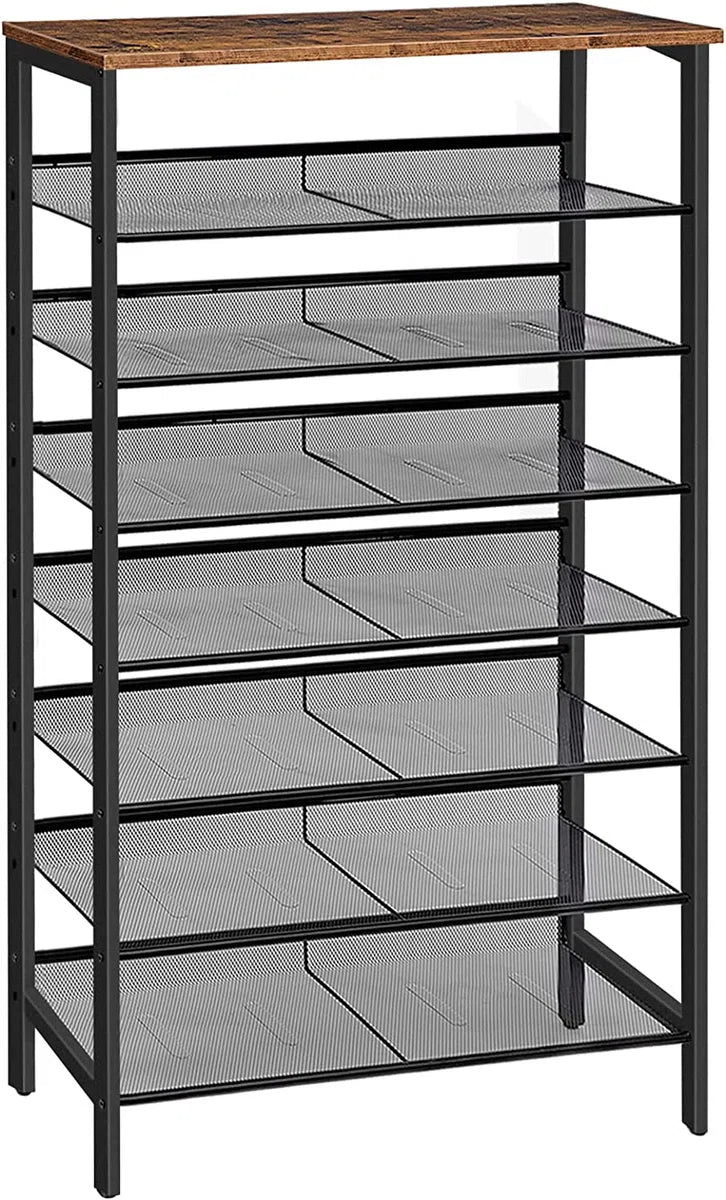 Groot schoenenrek - hoge schoenenkast - 8-laags schoenenrek - kantelbare gaasplanken - metaal/Hout - voor 24-32 paar schoenen - industrieel - bruin-zwart