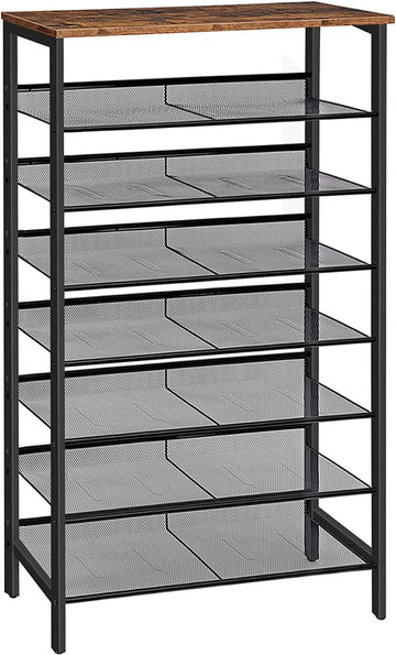Groot schoenenrek - hoge schoenenkast - 8-laags schoenenrek - kantelbare gaasplanken - metaal/Hout - voor 24-32 paar schoenen - industrieel - bruin-zwart