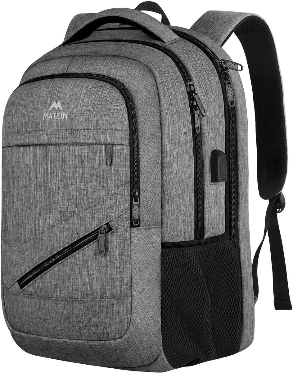 Reizen Laptop Rugzak, TSA Grote Reistas voor Vrouwen Mannen, 17 Inch Zakelijke Vlucht Goedgekeurd Carry On Rugzak met USB-Lader Poort en Bagagemouw, MATEIN Duurzame College School Boekentas, Grijs