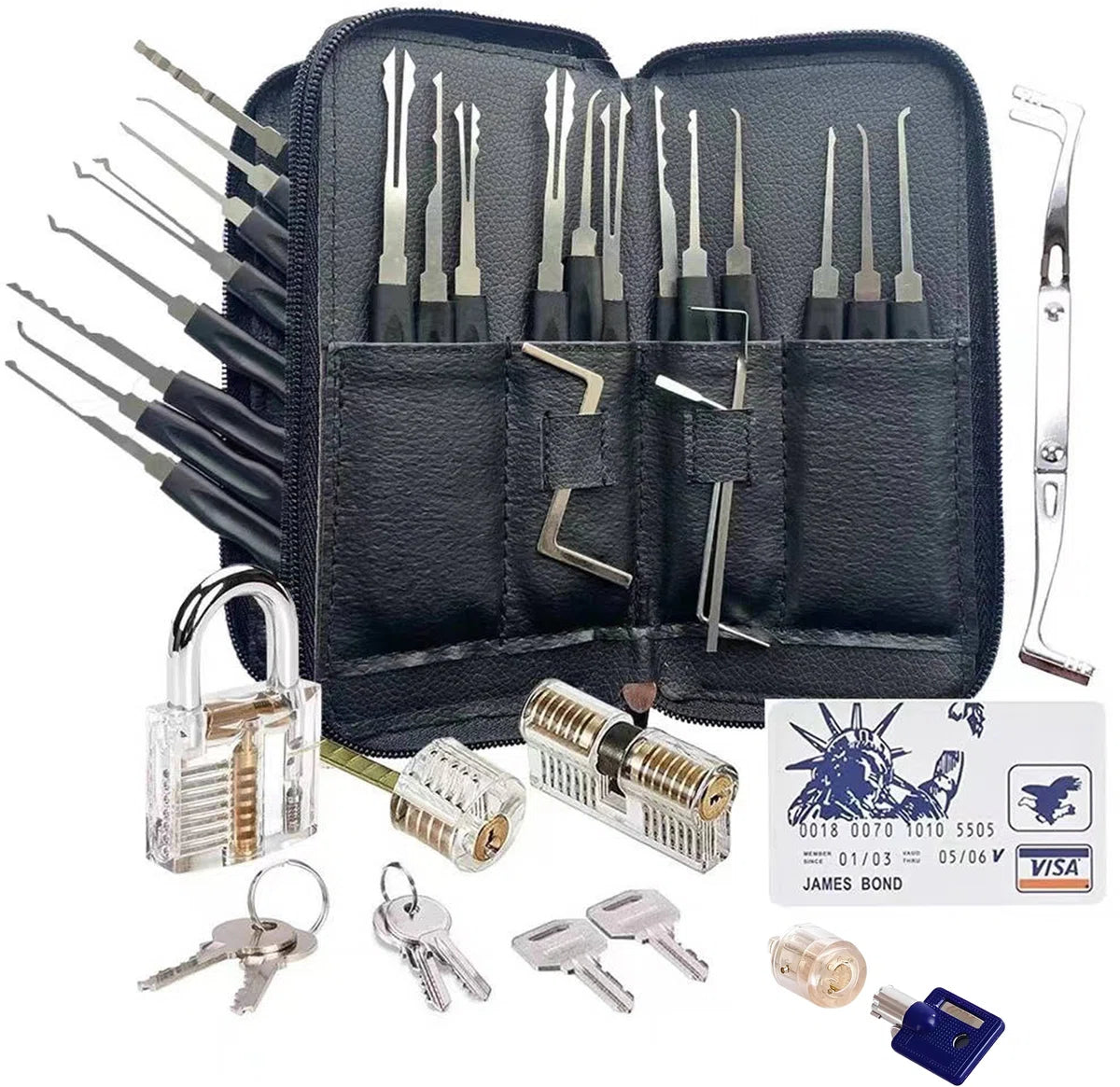 Lockpick set 46 set - Meest uitgebreid - Voor beginners en gevorderden - Survivalset - Incl. 4 doorzichtige sloten + 3 bonus levels - Handleiding