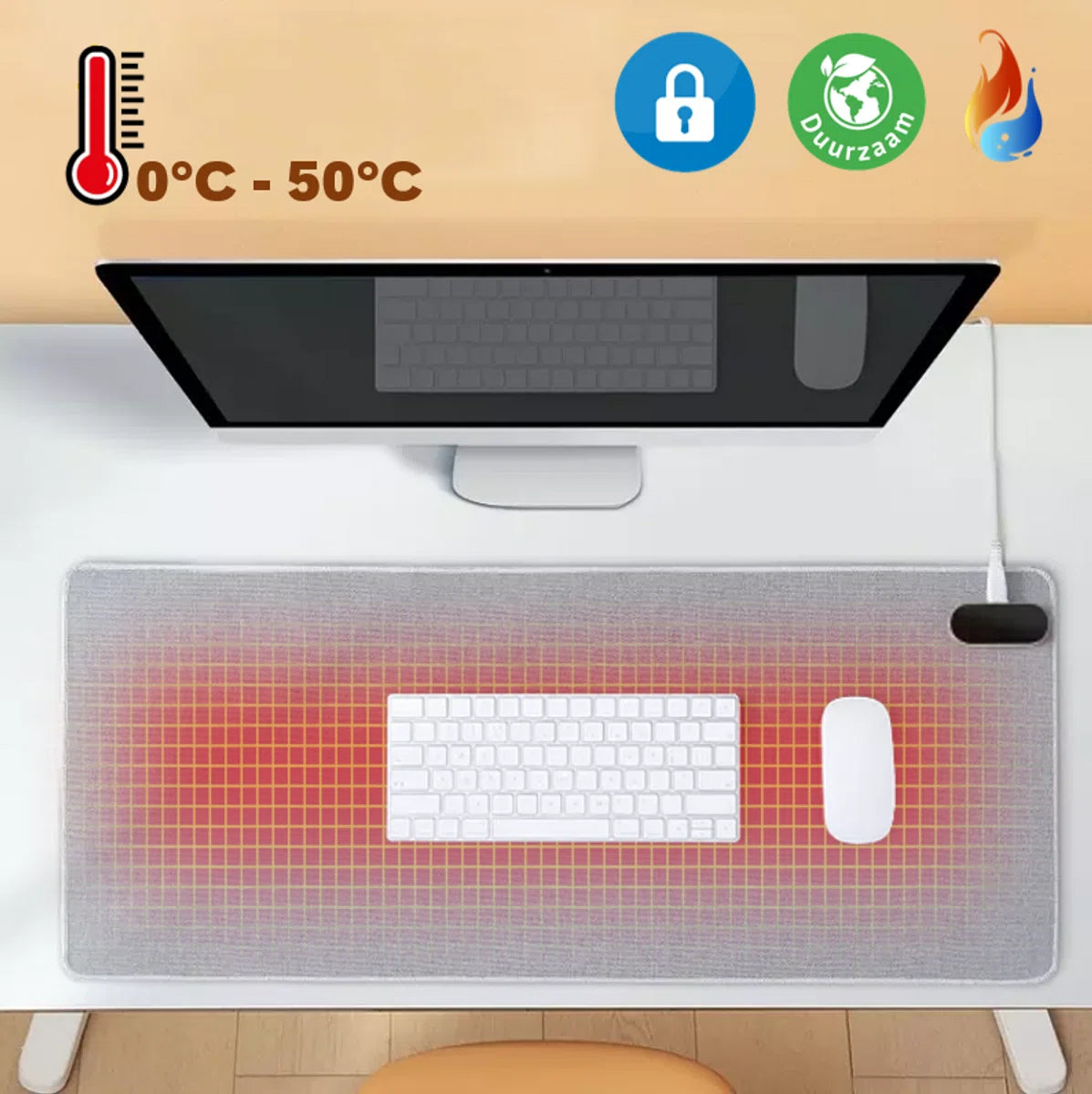 Verwarmde infrarood bureauonderlegger grijs katoen / muismat / verwarming bureau / verwarmingsmat / bureau mat - 80x33cm - touchpad met verstelbare temperaturen - warme handen en voeten