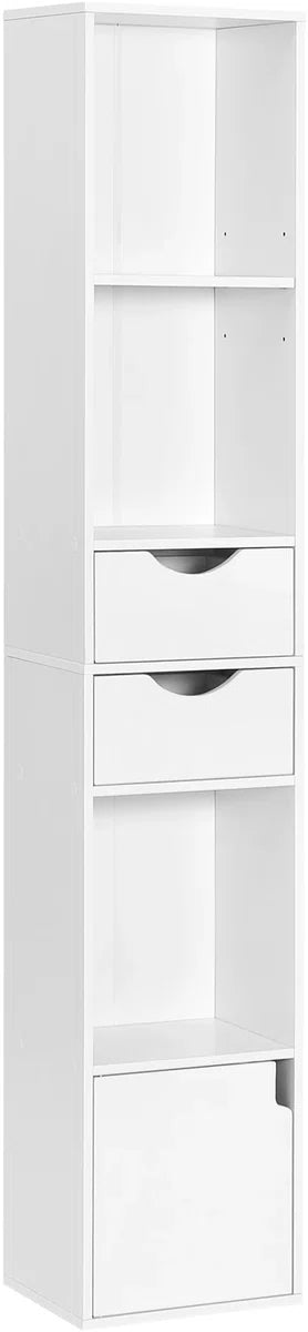 Luxe Opbergkast - Boekenkast - Smalle Kaste - Opberg Kast - Wandkast - 6 Planken - 2 Lades - Hout - Wit