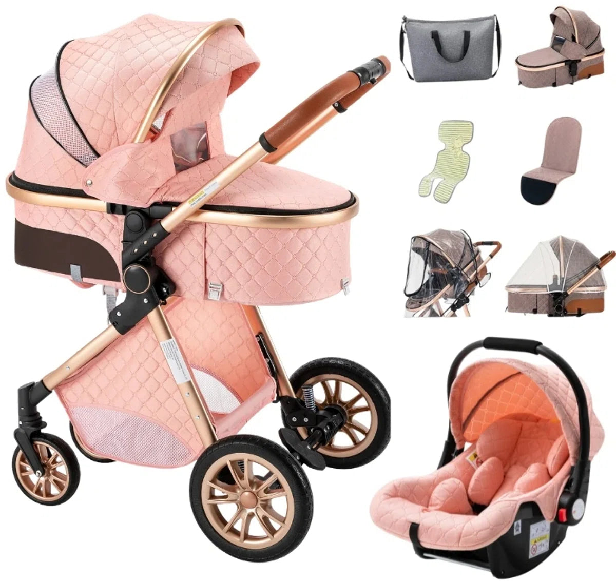 Luxe 2-in-1 Kinderwagen - Wandelwagen - Autostoeltje - Buggy - Inklapbaar - Roze - 0-36 Maanden