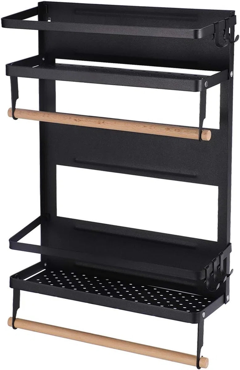 Kruidenrek Magneet Keukenplank Opknoping Kruidenhouder Zonder Boren Koelkast Plank Keuken Kruidenrekken met Keukenrolhouder 2 Niveaus Mat Zwart