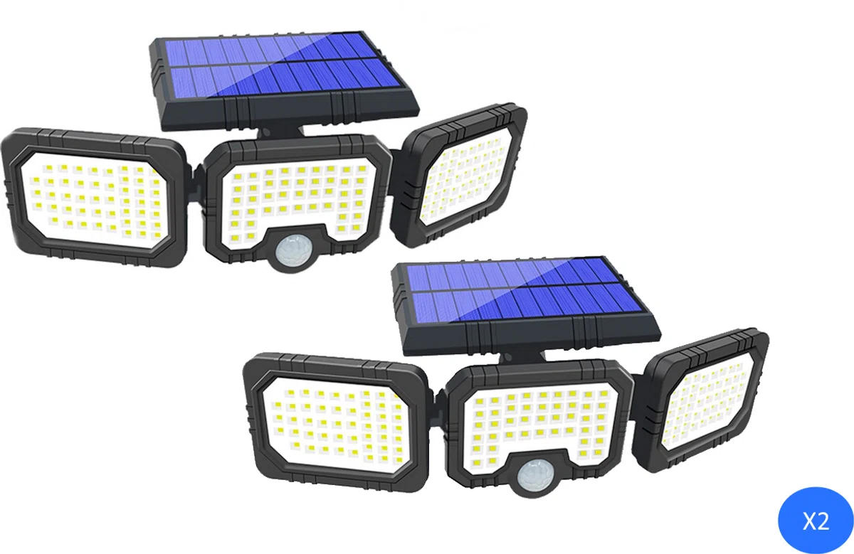 Trio Solar - 2 stuks - LED buitenlamp op zonne-energie met sensor - energiebesparende solarlamp met krachtige oplaadbare batterij - 74 LED's & 600 lumen lichtsterkte - met bewegingsdetector