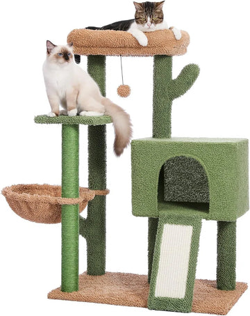 Krabpaal voor katten 104 cm Moderne Cactus Pluche Krabpaal voor volwassen katten met grotere grot, verwijderbaar bovenbed, wiebelende bal, sisal touw, groen.