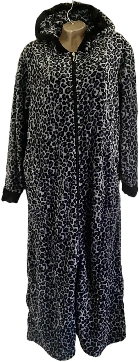 Dames badjas fleece extra lang rits met zakken en capuchon S/M zwart-grijs