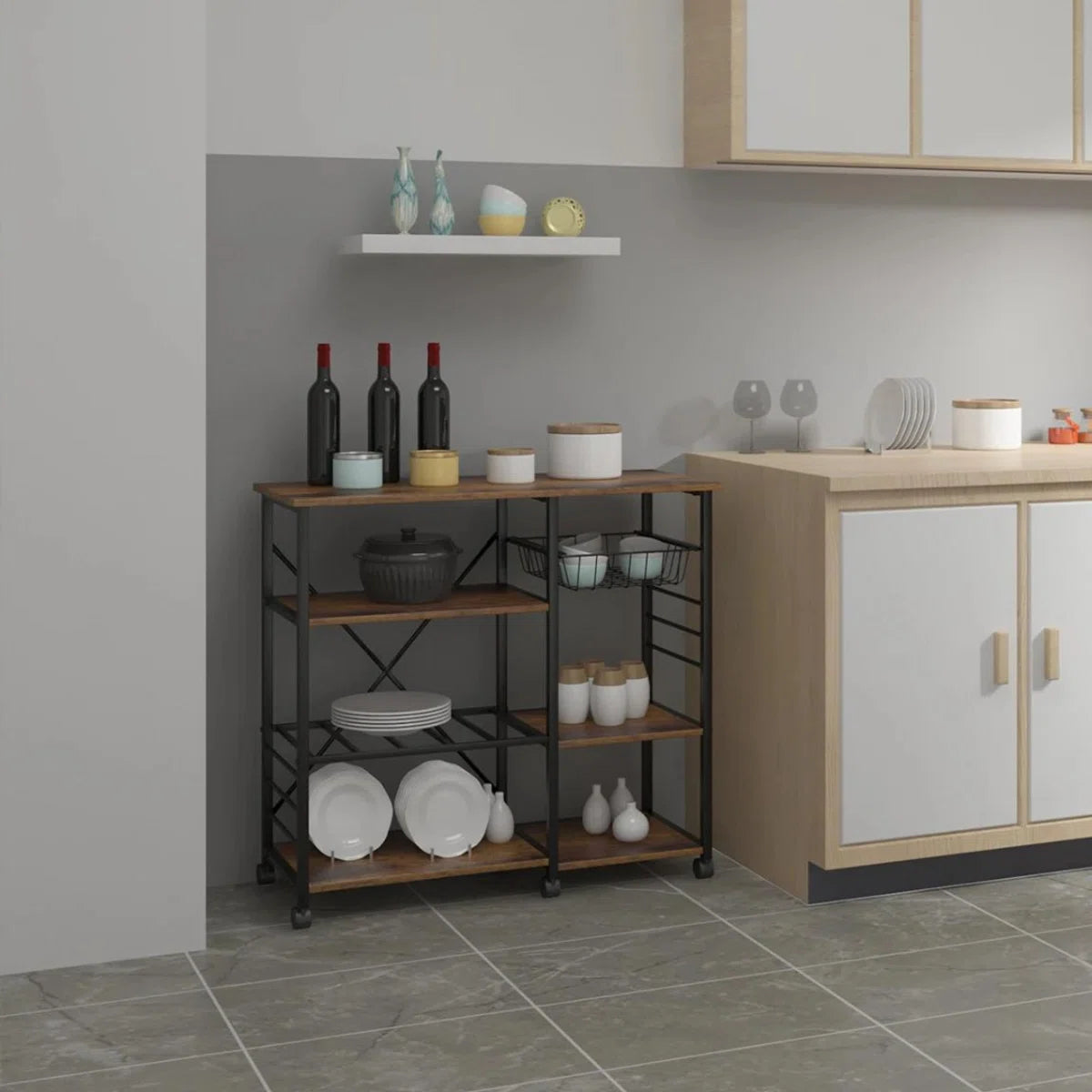 Keukeneiland - Keuken Eiland - Kookeiland Verplaatsbaar - Keukenblok Met Werkblad - Keukeneiland/bartafel - Magnetron Kast - Op Wielen - Tafel - 83x48x90 Cm - Bruin
