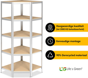 Life’s Green Hoekstelling - Opbergrek - Stellingkast - Hoekstelling - 5 planken - Zilver - 30 cm