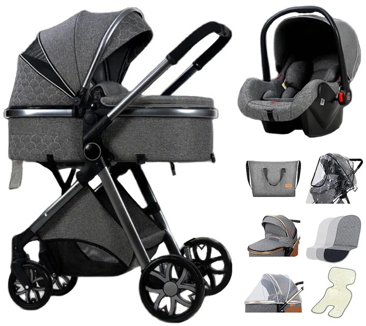 Luxe Multifunctionele 3-in-1 Combi Kinderwagen – Kwalitatieve Buggy – Opklapbare Wandelwagen – Donkergrijs – Incl. Autostoel