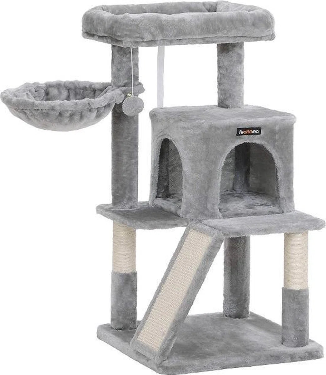 Grote Krabpaal voor meerdere Katten, Kat Condo met Hangmat, Kattenpaal, 143 cm, lichtgrijs