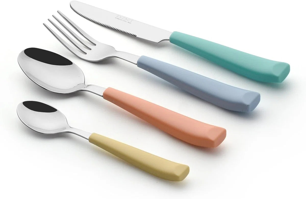 Bestekset 24 stuks gekleurd - roestvrij staal met levendig gekleurde plastic brede handgrepen - comfortabel vast te houden - 6 x vorken, 6 x dinermessen, 6 x eetlepels, 6 x theelepels