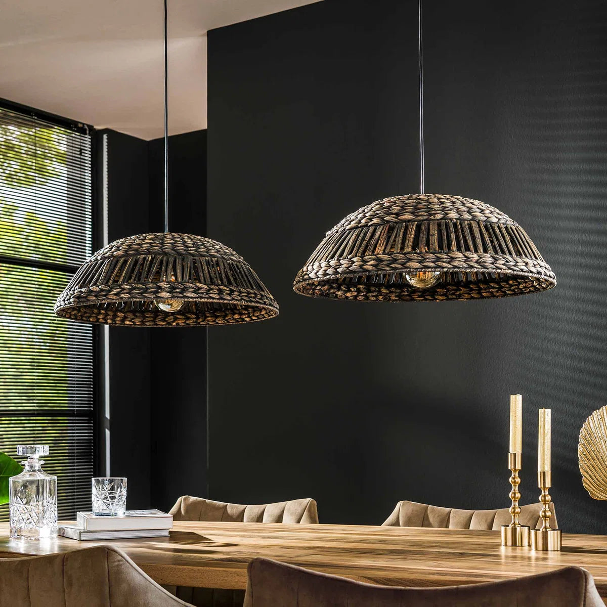 Landelijke eettafel hanglamp Waterhyacint | 2 lichts | bruin / zwart | hout / metaal | Ø 54 cm | in hoogte verstelbaar tot 150 cm | eetkamer / woonkamer / keuken | dimbaar | modern / sfeeervol design