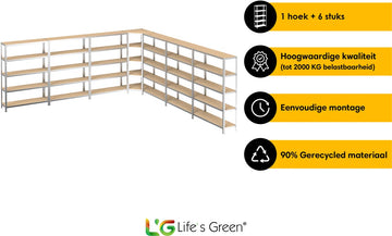 Life’s Green Stelling Set 120 cm - Opbergrek - Stellingkast - 6x 120*30*180 cm - 1x Hoekstelling - Zilver