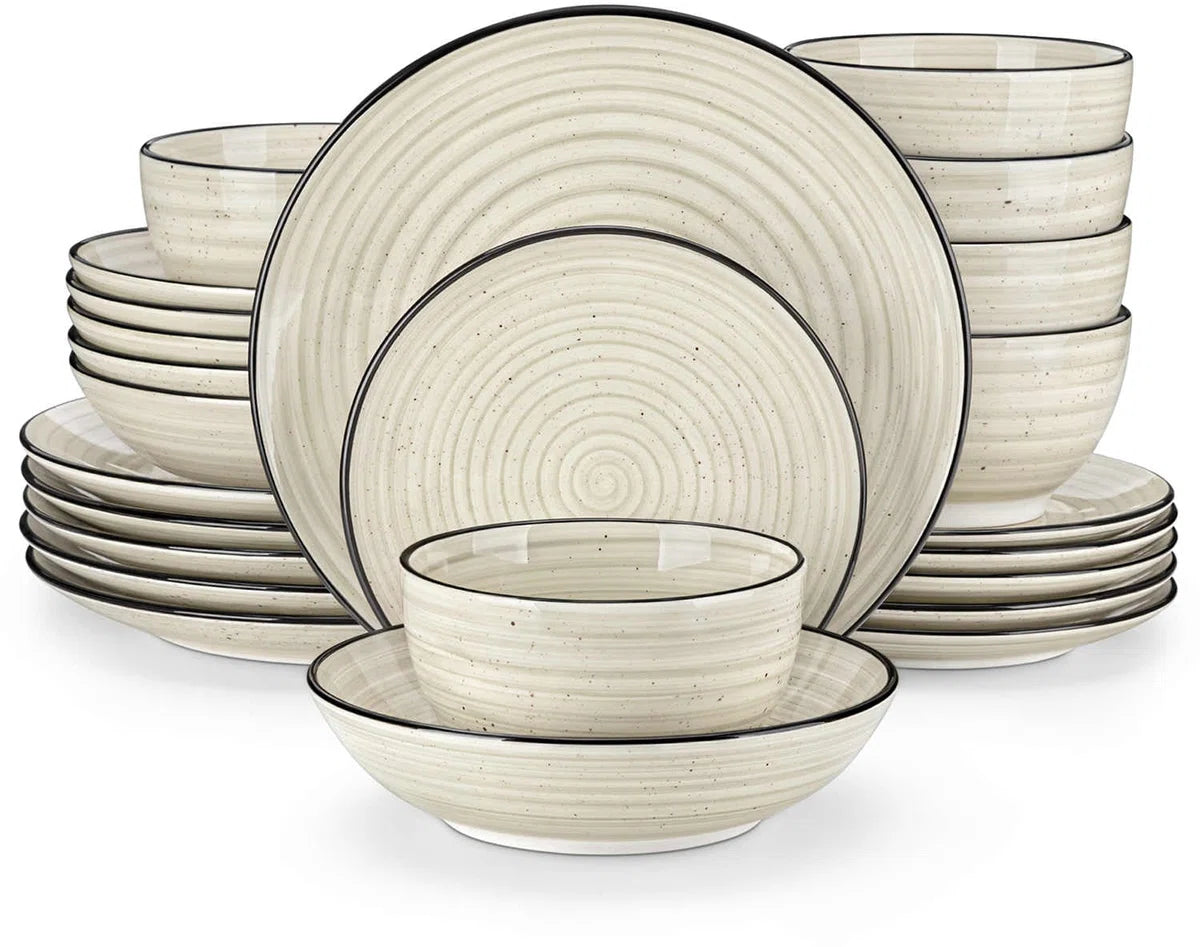 Serviesset - Serviesset 6 persoons - Serviessets - Beige Patroon - Porselein - 24-Delig Servies - Dinerbord - Dessertbord - Kom - Soepkom