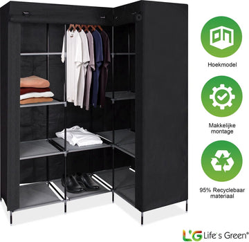 LG Life's Green Opvouwbare Kleerkast – 126x40x170CM – Kledingrek met 9 Legplanken – Stoffen Kledingkast – Hoekkast – 90KG Draagvermogen – Zwart