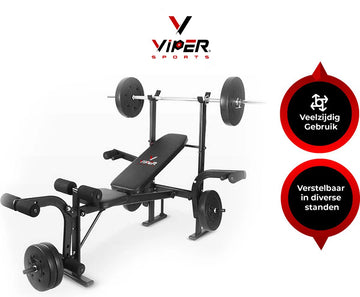 Viper Sports halterbank – Fitnessbank – Verstelbare rugleuning – Uiterst geschikt voor gewichten – Incl. Beenhouder – Zachte handgrepen – PU kussens – Triangel structuur – Inklapbaar - Zwart - 182x116x112cm