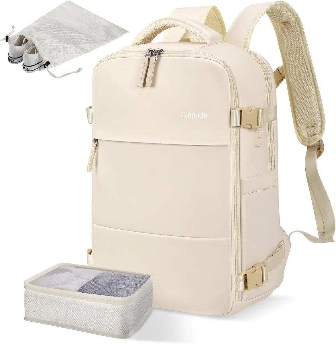 Reisrugzak voor dames, handbagage, reisrugzak voor 15,6 inch laptop, anti-diefstal, waterafstotend, rugzak, vliegtuig, handbagage, reisrugzak voor dames, voor werk, school, reizen (beige)